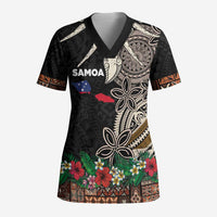 Samoa Siapo Polynesian Art Scrub Top Tropical Flowers and Tatau Pattern Brown - Polynesian Pride