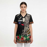 Samoa Siapo Polynesian Art Scrub Top Tropical Flowers and Tatau Pattern Brown - Polynesian Pride