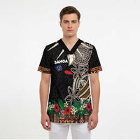 Samoa Siapo Polynesian Art Scrub Top Tropical Flowers and Tatau Pattern Brown - Polynesian Pride