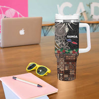 Samoa Siapo Polynesian Art Tumbler With Handle Tropical Flowers and Tatau Pattern Brown LT03 - Polynesian Pride