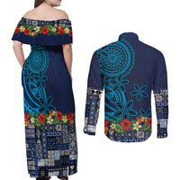 Samoa Siapo Polynesian Art Couples Matching Off Shoulder Maxi Dress and Long Sleeve Button Shirt Tropical Flowers and Tatau Pattern Navy