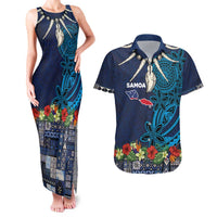 Samoa Siapo Polynesian Art Couples Matching Tank Maxi Dress and Hawaiian Shirt Tropical Flowers and Tatau Pattern Navy