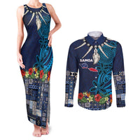 Samoa Siapo Polynesian Art Couples Matching Tank Maxi Dress and Long Sleeve Button Shirt Tropical Flowers and Tatau Pattern Navy