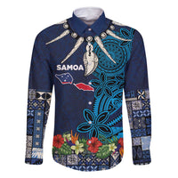 Samoa Siapo Polynesian Art Family Matching Long Sleeve Bodycon Dress and Hawaiian Shirt Tropical Flowers and Tatau Pattern Navy