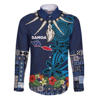 Samoa Siapo Polynesian Art Family Matching Off The Shoulder Long Sleeve Dress and Hawaiian Shirt Tropical Flowers and Tatau Pattern Navy