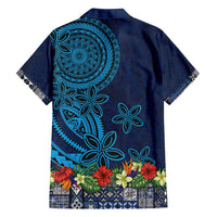 Samoa Siapo Polynesian Art Family Matching Off Shoulder Short Dress and Hawaiian Shirt Tropical Flowers and Tatau Pattern Navy