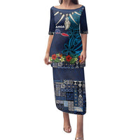 Samoa Siapo Polynesian Art Family Matching Puletasi and Hawaiian Shirt Tropical Flowers and Tatau Pattern Navy