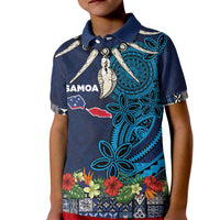 Samoa Siapo Polynesian Art Kid Polo Shirt Tropical Flowers and Tatau Pattern Navy