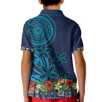 Samoa Siapo Polynesian Art Kid Polo Shirt Tropical Flowers and Tatau Pattern Navy