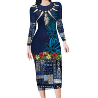 Samoa Siapo Polynesian Art Long Sleeve Bodycon Dress Tropical Flowers and Tatau Pattern Navy