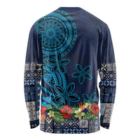 Samoa Siapo Polynesian Art Long Sleeve Shirt Tropical Flowers and Tatau Pattern Navy