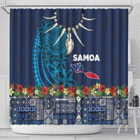 Samoa Siapo Polynesian Art Shower Curtain Tropical Flowers and Tatau Pattern Navy