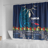 Samoa Siapo Polynesian Art Shower Curtain Tropical Flowers and Tatau Pattern Navy