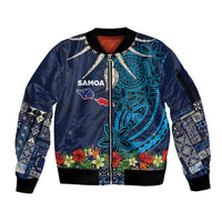 Samoa Siapo Polynesian Art Sleeve Zip Bomber Jacket Tropical Flowers and Tatau Pattern Navy