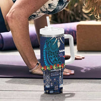 Samoa Siapo Polynesian Art Tumbler With Handle Tropical Flowers and Tatau Pattern Navy LT03 - Polynesian Pride