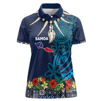 Samoa Siapo Polynesian Art Women Polo Shirt Tropical Flowers and Tatau Pattern Navy