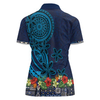 Samoa Siapo Polynesian Art Women Polo Shirt Tropical Flowers and Tatau Pattern Navy
