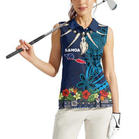 Samoa Siapo Polynesian Art Women Sleeveless Polo Shirt Tropical Flowers and Tatau Pattern Navy