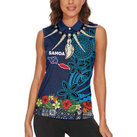 Samoa Siapo Polynesian Art Women Sleeveless Polo Shirt Tropical Flowers and Tatau Pattern Navy
