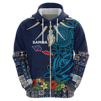 Samoa Siapo Polynesian Art Zip Hoodie Tropical Flowers and Tatau Pattern Navy