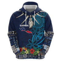 Samoa Siapo Polynesian Art Zip Hoodie Tropical Flowers and Tatau Pattern Navy