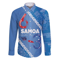Samoa Independence Day Family Matching Off Shoulder Maxi Dress and Hawaiian Shirt Anniversary 63th-Siapo Art LT03 Dad's Shirt - Long Sleeve Blue - Polynesian Pride