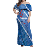 Samoa Independence Day Off Shoulder Maxi Dress Anniversary 63th-Siapo Art LT03 Women Blue - Polynesian Pride