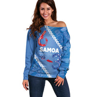 Samoa Independence Day Off Shoulder Sweater Anniversary 63th-Siapo Art LT03 Women Blue - Polynesian Pride