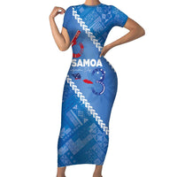 Samoa Independence Day Short Sleeve Bodycon Dress Anniversary 63th-Siapo Art LT03 Long Dress Blue - Polynesian Pride