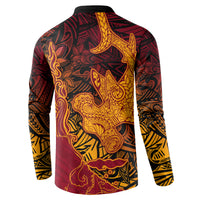 Hawaiian Volcano and Shark Button Sweatshirt Polynesian and Hibiscus Pattern Lava Color LT03 - Polynesian Pride