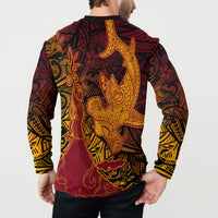 Hawaiian Volcano and Shark Button Sweatshirt Polynesian and Hibiscus Pattern Lava Color LT03 - Polynesian Pride