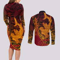Hawaiian Volcano and Shark Couples Matching Long Sleeve Bodycon Dress and Long Sleeve Button Shirt Polynesian and Hibiscus Pattern Lava Color