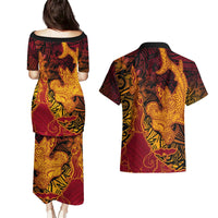 Hawaiian Volcano and Shark Couples Matching Puletasi and Hawaiian Shirt Polynesian and Hibiscus Pattern Lava Color LT03 - Polynesian Pride