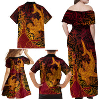 Hawaiian Volcano and Shark Family Matching Off Shoulder Maxi Dress and Hawaiian Shirt Polynesian and Hibiscus Pattern Lava Color