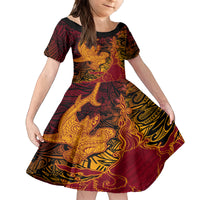 Hawaiian Volcano and Shark Family Matching Puletasi and Hawaiian Shirt Polynesian and Hibiscus Pattern Lava Color LT03 Daughter's Dress Red - Polynesian Pride