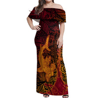 Hawaiian Volcano and Shark Off Shoulder Maxi Dress Polynesian and Hibiscus Pattern Lava Color