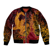 Hawaiian Volcano and Shark Sleeve Zip Bomber Jacket Polynesian and Hibiscus Pattern Lava Color