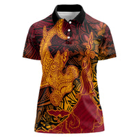 Hawaiian Volcano and Shark Women Polo Shirt Polynesian and Hibiscus Pattern Lava Color