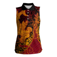 Hawaiian Volcano and Shark Women Sleeveless Polo Shirt Polynesian and Hibiscus Pattern Lava Color LT03 Female Red - Polynesian Pride