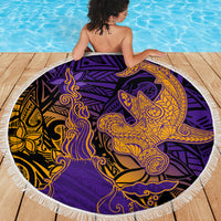 Hawaiian Volcano and Shark Beach Blanket Polynesian and Hibiscus Pattern Purple Yellow Gradient