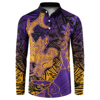Hawaiian Volcano and Shark Button Sweatshirt Polynesian and Hibiscus Pattern Purple Yellow Gradient LT03 Purple - Polynesian Pride