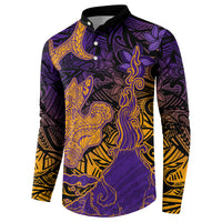 Hawaiian Volcano and Shark Button Sweatshirt Polynesian and Hibiscus Pattern Purple Yellow Gradient LT03 - Polynesian Pride