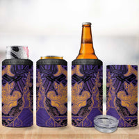 Hawaiian Volcano and Shark 4 in 1 Can Cooler Tumbler Polynesian and Hibiscus Pattern Purple Yellow Gradient