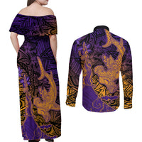 Hawaiian Volcano and Shark Couples Matching Off Shoulder Maxi Dress and Long Sleeve Button Shirt Polynesian and Hibiscus Pattern Purple Yellow Gradient