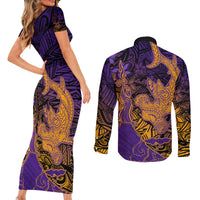 Hawaiian Volcano and Shark Couples Matching Short Sleeve Bodycon Dress and Long Sleeve Button Shirt Polynesian and Hibiscus Pattern Purple Yellow Gradient