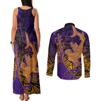 Hawaiian Volcano and Shark Couples Matching Tank Maxi Dress and Long Sleeve Button Shirt Polynesian and Hibiscus Pattern Purple Yellow Gradient