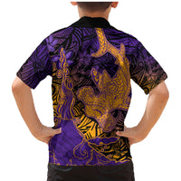 Hawaiian Volcano and Shark Family Matching Mermaid Dress and Hawaiian Shirt Polynesian and Hibiscus Pattern Purple Yellow Gradient