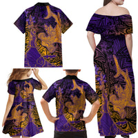 Hawaiian Volcano and Shark Family Matching Off Shoulder Maxi Dress and Hawaiian Shirt Polynesian and Hibiscus Pattern Purple Yellow Gradient