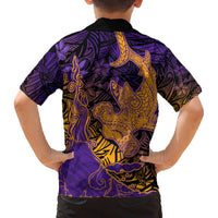 Hawaiian Volcano and Shark Family Matching Off Shoulder Short Dress and Hawaiian Shirt Polynesian and Hibiscus Pattern Purple Yellow Gradient