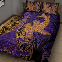 Hawaiian Volcano and Shark Quilt Bed Set Polynesian and Hibiscus Pattern Purple Yellow Gradient